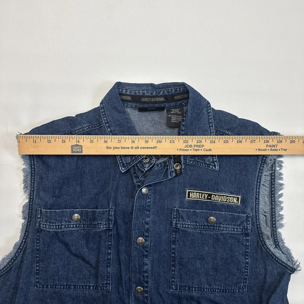 Harley-Davidson Embroidered Eagle Blue Frayed Denim Jean Mens Snap Vest Size X-L